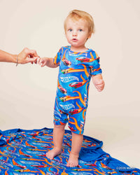 Baby Kids Bamboo Pajamas — Hot Wheels™ Full Throttle Shortie Romper — Image 1