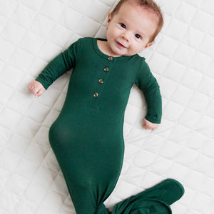 Baby Kids Bamboo Pajamas — Ever So Green Knotted Gown with Buttons — Image 1