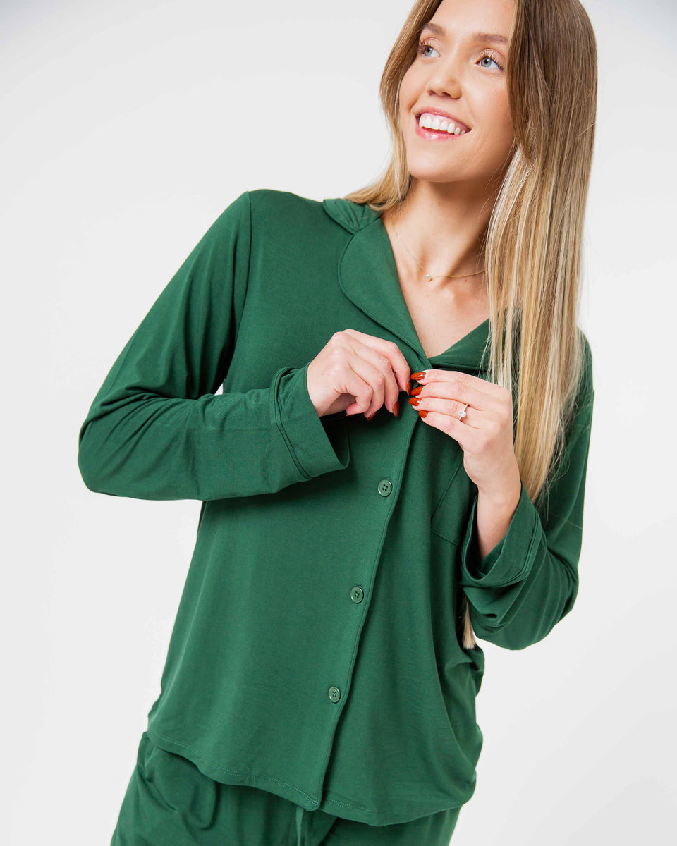Ever So Green Women's Long Sleeve Collar Shirt & Pants Pajama Set