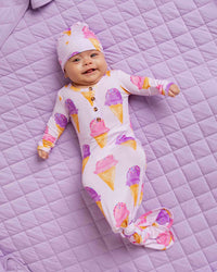 Baby Kids Bamboo Pajamas — Inside Scoop Knotted Gown & Beanie Set — Image 1