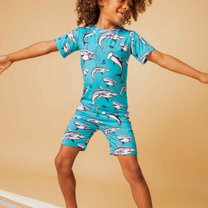 Baby Kids Bamboo Pajamas — Shark Week™ Jaws & Effect Short Sleeve Pajama Shorts Set — Image 1