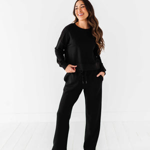 Baby Kids Bamboo Pajamas — Women's Cropped Sweatshirt & Wide Leg Jogger Pants Set - Black — Image 1