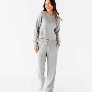 Bums & Roses - Baby & Kids Bamboo Pajamas - Women's Cropped Sweatshirt & Wide Leg Jogger Pants Set - Heather Grey - Image 1