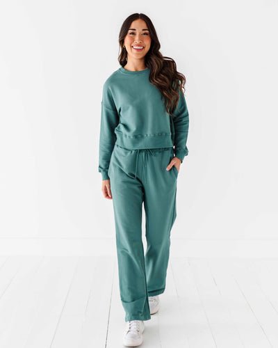 Baby Kids Bamboo Pajamas — Women's Cropped Sweatshirt & Wide Leg Jogger Pants Set - Teal — Image 1