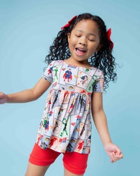 Baby Kids Bamboo Pajamas — Justice League™ Short Sleeve Empire Waist Top & Shorts Set — Image 1