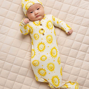 Baby Kids Bamboo Pajamas — Little Sunshine Knotted Gown & Beanie Set — Image 1