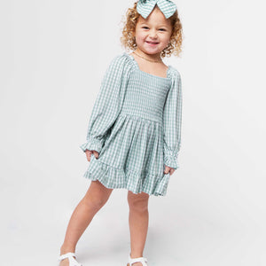 Baby Kids Bamboo Pajamas — Lucky Gingham Smocked Balloon Sleeve Dress — Image 1