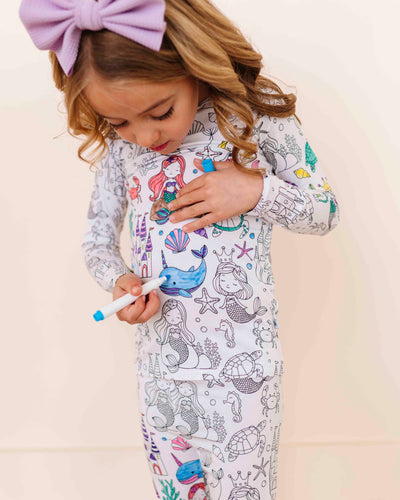 Baby Kids Bamboo Pajamas — Colorable Mermaid Long Sleeve Two-Piece Pajama Set — Image 1