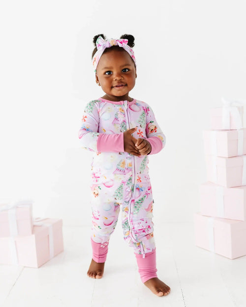 Baby Kids Bamboo Pajamas — Merry Little Pinkmas Convertible Ruffle Romper — Image 3