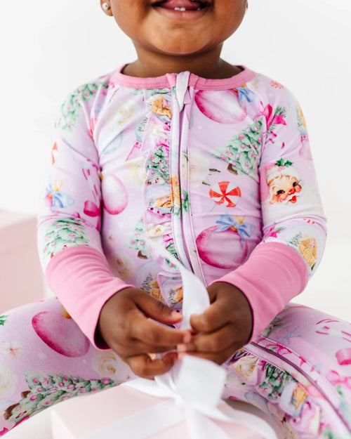 Baby Kids Bamboo Pajamas — Merry Little Pinkmas Convertible Ruffle Romper — Image 5