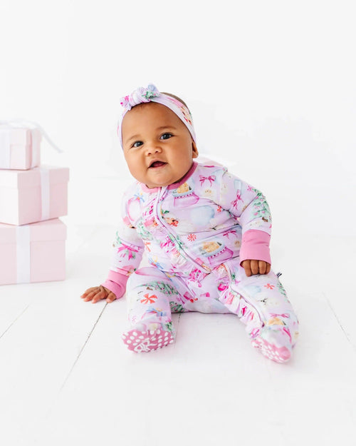 Baby Kids Bamboo Pajamas — Merry Little Pinkmas Ruffle Footie — Image 8