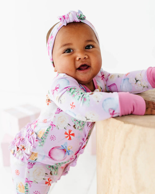 Baby Kids Bamboo Pajamas — Merry Little Pinkmas Ruffle Footie — Image 1