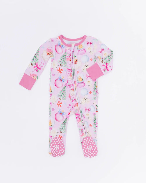 Baby Kids Bamboo Pajamas — Merry Little Pinkmas Ruffle Footie — Image 4