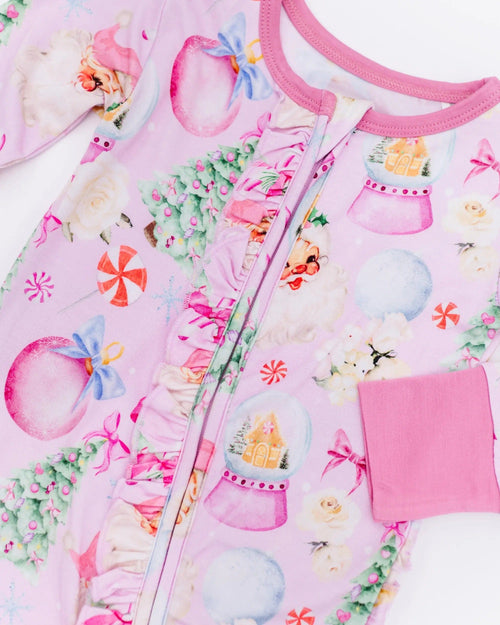 Baby Kids Bamboo Pajamas — Merry Little Pinkmas Ruffle Footie — Image 3