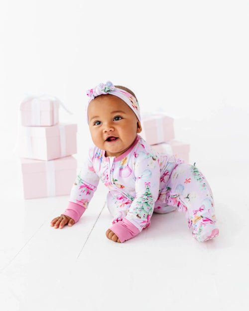 Baby Kids Bamboo Pajamas — Merry Little Pinkmas Ruffle Footie — Image 7