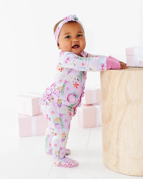 Baby Kids Bamboo Pajamas — Merry Little Pinkmas Ruffle Footie — Image 11
