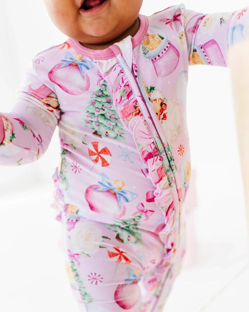 Baby Kids Bamboo Pajamas — Merry Little Pinkmas Ruffle Footie — Image 6