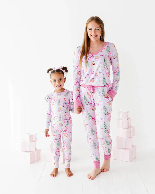 Baby Kids Bamboo Pajamas — Merry Little Pinkmas Women's Long Sleeve V-Neck T-Shirt — Image 5