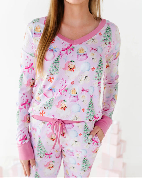 Baby Kids Bamboo Pajamas — Merry Little Pinkmas Women's Long Sleeve V-Neck T-Shirt — Image 4