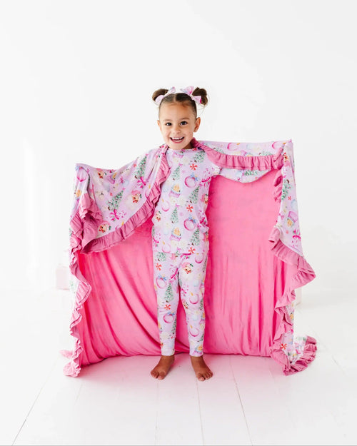Baby Kids Bamboo Pajamas — Merry Little Pinkmas Ruffle Bum Bum Blanket — Image 3