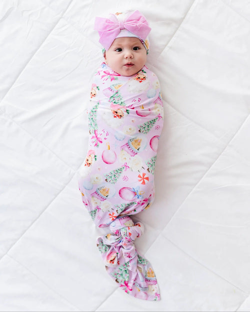 Baby Kids Bamboo Pajamas — Merry Little Pinkmas Swaddle & Velvet Bow Beanie — Image 1