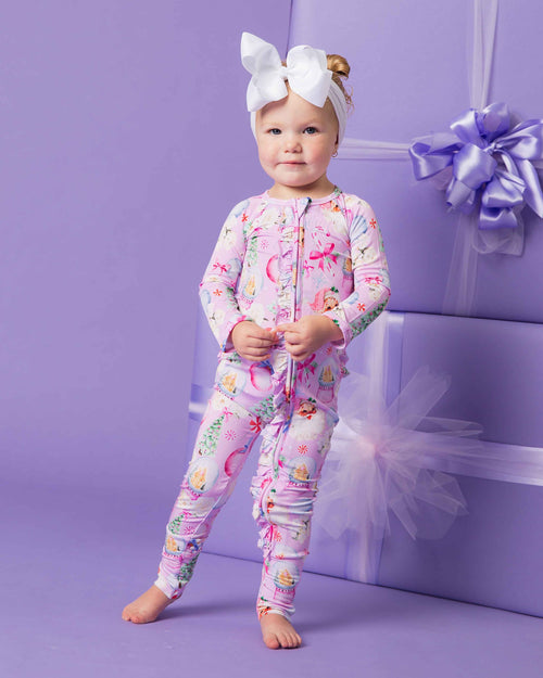 Baby Kids Bamboo Pajamas — Merry Little Pinkmas Convertible Ruffle Romper — Image 5
