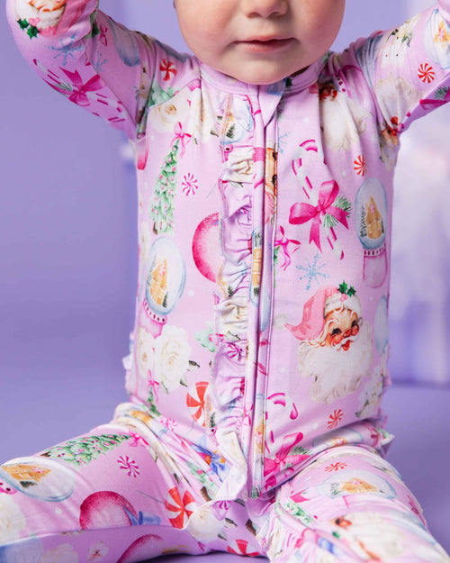 Baby Kids Bamboo Pajamas — Merry Little Pinkmas Convertible Ruffle Romper — Image 1