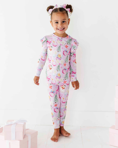 Baby Kids Bamboo Pajamas — Merry Little Pinkmas Ruffle Long Sleeve & Pants Set — Image 1