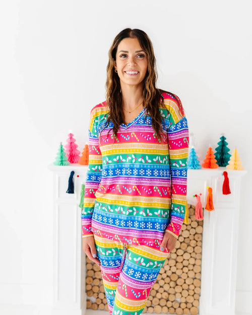 Baby Kids Bamboo Pajamas — Merry and Bright Women's Long Sleeve V-Neck T-Shirt — Image 6
