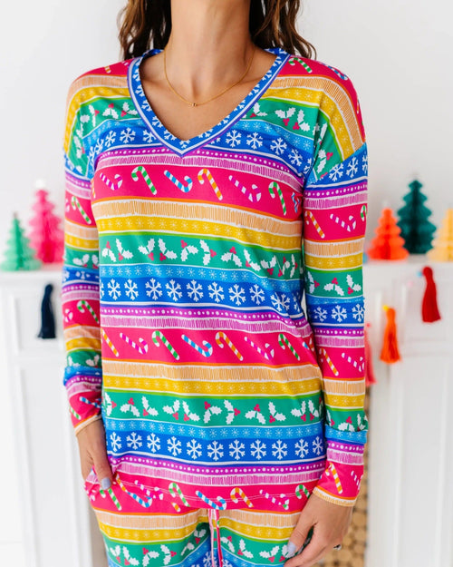 Baby Kids Bamboo Pajamas — Merry and Bright Women's Long Sleeve V-Neck T-Shirt — Image 3