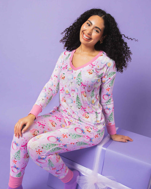 Baby Kids Bamboo Pajamas — Merry Little Pinkmas Women's Long Sleeve V-Neck T-Shirt — Image 3