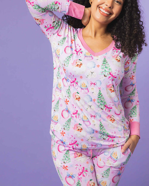 Baby Kids Bamboo Pajamas — Merry Little Pinkmas Women's Long Sleeve V-Neck T-Shirt — Image 2