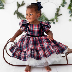 Bums & Roses - Baby & Kids Bamboo Pajamas - Puff Sleeve Plaid + Tulle Dress - Image 1