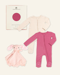 Baby Kids Bamboo Pajamas — Plum Pickin’ + Knitted Bunny Lovey Essential Bundle — Image 1