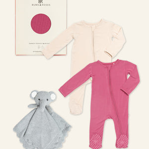 Baby Kids Bamboo Pajamas — Plum Pickin’ + Knitted Elephant Lovey Essential Bundle — Image 1