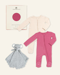 Baby Kids Bamboo Pajamas — Plum Pickin’ + Knitted Elephant Lovey Essential Bundle — Image 1