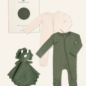 Baby Kids Bamboo Pajamas — Sage the Day + Knitted Dinosaur Lovey Essential Bundle — Image 1