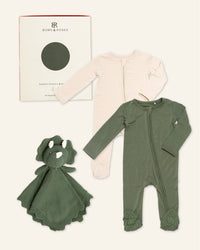 Baby Kids Bamboo Pajamas — Sage the Day + Knitted Dinosaur Lovey Essential Bundle — Image 1
