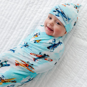 Baby Kids Bamboo Pajamas — No Plane, No Gain Swaddle Beanie Set — Image 1