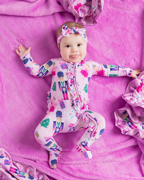 Baby Kids Bamboo Pajamas — Nutty or Nice Ruffle Footie — Image 3