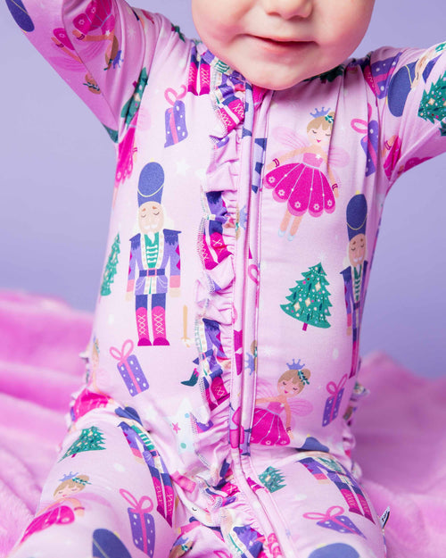 Baby Kids Bamboo Pajamas — Nutty or Nice Ruffle Footie — Image 1