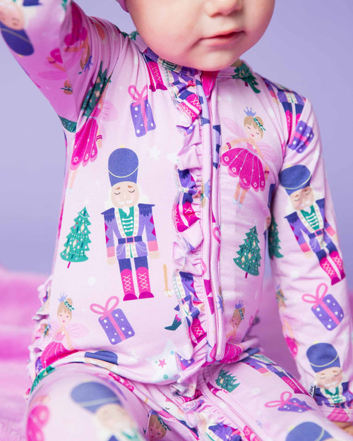 Baby Kids Bamboo Pajamas — Nutty or Nice Ruffle Footie — Image 8