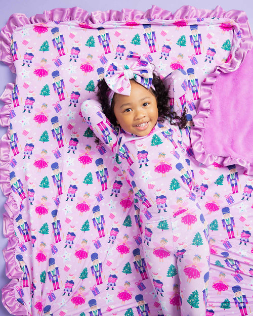 Baby Kids Bamboo Pajamas — Nutty or Nice Ruffled Minky Blanket — Image 1