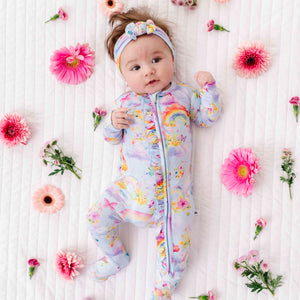 Baby Kids Bamboo Pajamas — Over the Rainbow Ruffle Footie — Image 1