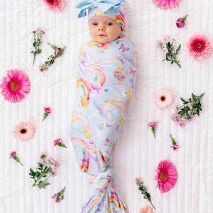 Bums & Roses - Baby & Kids Bamboo Pajamas - Over the Rainbow Swaddle & Bow Beanie - Image 1