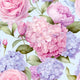 Floral pattern featuring pink roses, peonies, and blue hydrangeas on a light blue background.