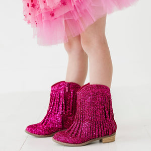 Bums & Roses - Baby & Kids Bamboo Pajamas - Hot Pink Glitter Fringe Western Boot - Image 1