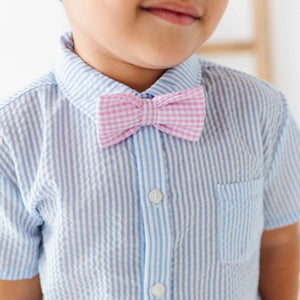 Baby Kids Bamboo Pajamas — Pink Seersucker Bow Tie — Image 1