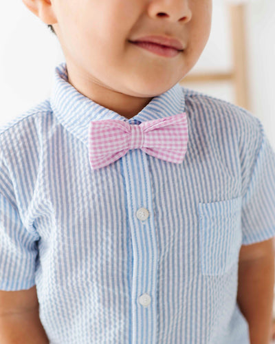 Baby Kids Bamboo Pajamas — Pink Seersucker Bow Tie — Image 1