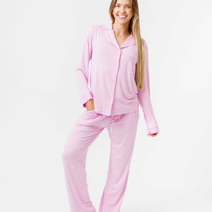 Baby Kids Bamboo Pajamas — Mauve Over, Pink Women's Long Sleeve Collar Shirt & Pants Pajama Set — Image 1